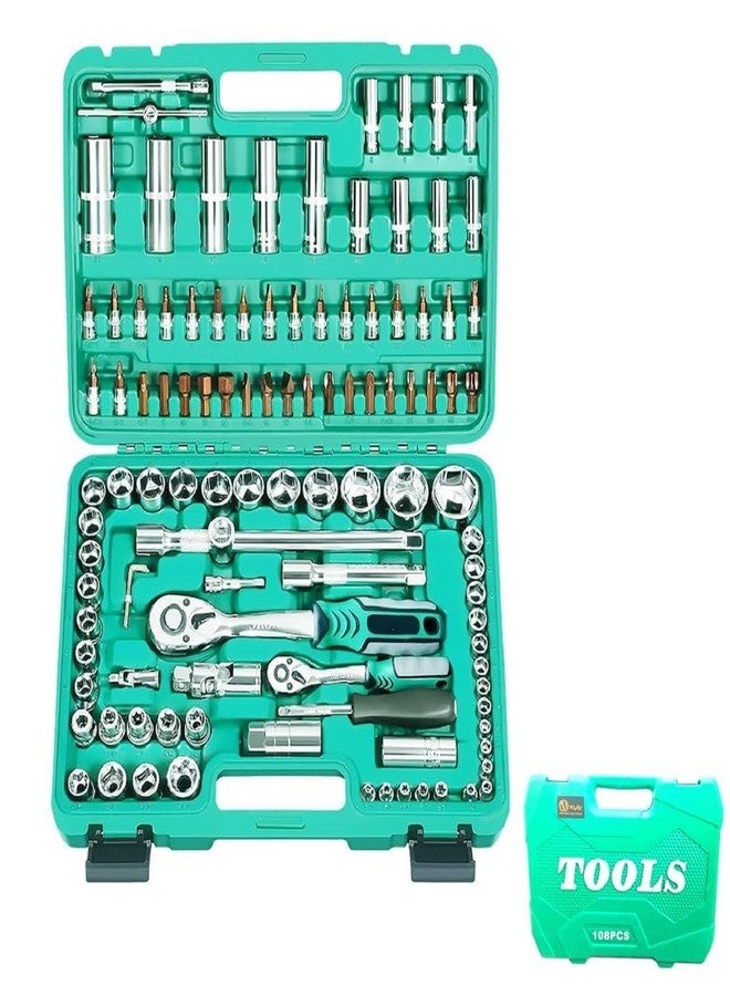 VOLTZ Vz-Tk-108 Pcs Sleeve Tool Set Socket Wrench And Metric 1/4 And 1/2 Drive Socket Set, Extension Bars, Sockets,Quick Release Reversible Ratchet Wrench Box - Image 1